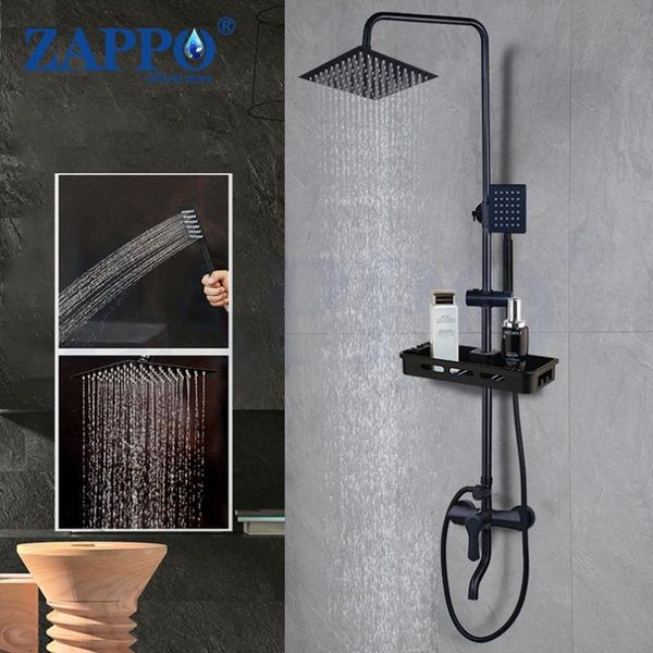 

matte black rainfall shower faucet set bathtub mixer & storage shelf bathroom sets