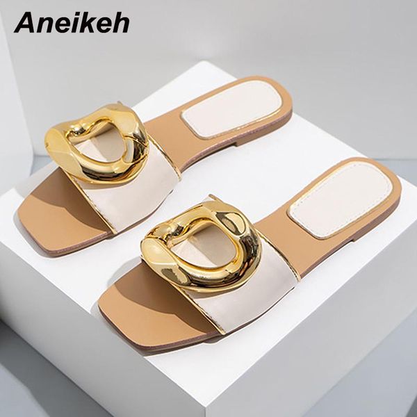 

slippers aneikeh 2021 fashion casual women summer pu metal decoratio outside square toe flat heel slip-on non-slip shoes mules, Black