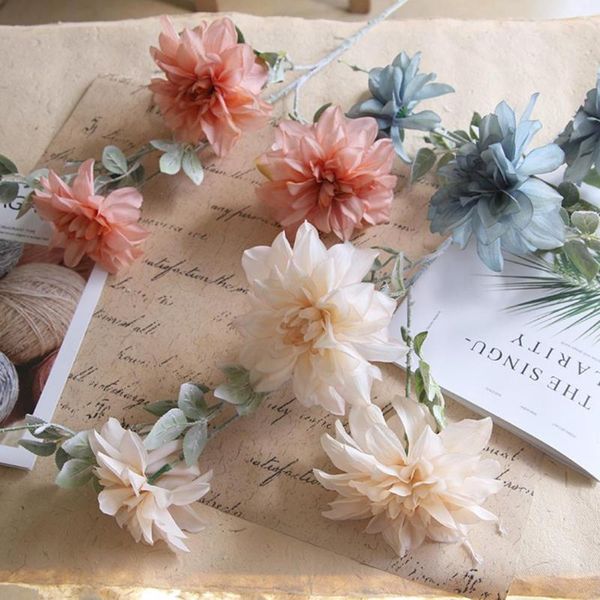 

1pc simulation chamomile fadeless lifelike faux silk 3 heads artificial dahlia flower plant for gift home decoration decorative flowers & wr