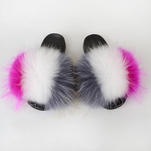 

2021 women raccoon fur slippers colorful fluffy brand raccoon fur slipper, Black