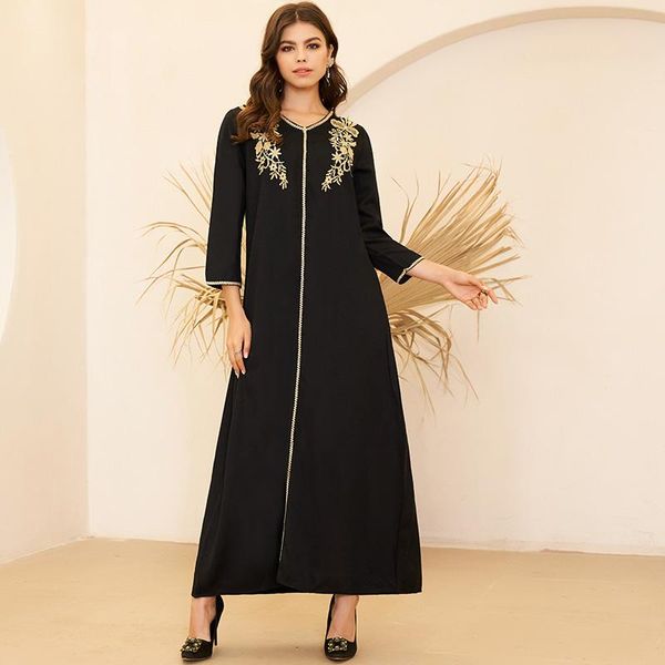 

casual dresses summer women's fashion arabian style v-neck gold embroidery pair flower long loose sleeve dress, Black;gray
