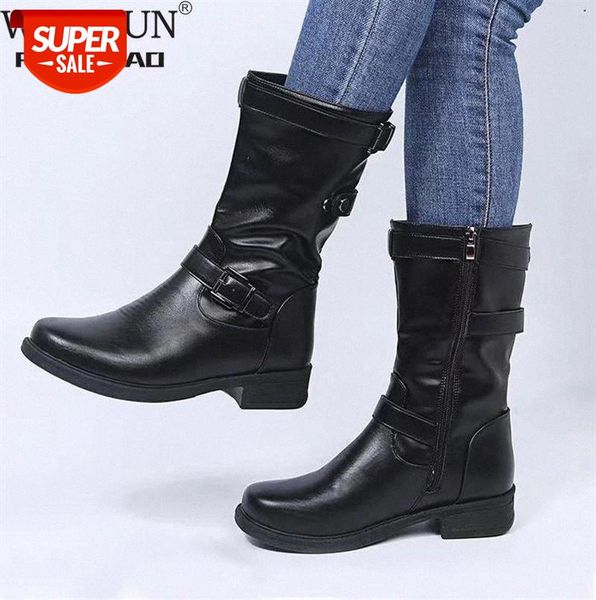 

women buckle mid-calf boots female low square heel zipper half boots 2020 woman fall winter pu flat shoes black gray size 43 #dw53