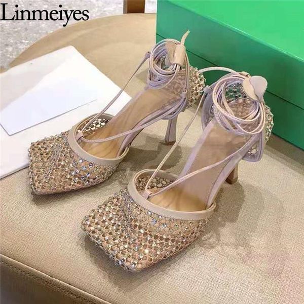 

dress shoes square toe gladiator sandals women net mesh crystal thin high heel ankle strap luxury quality runway party pumps, Black