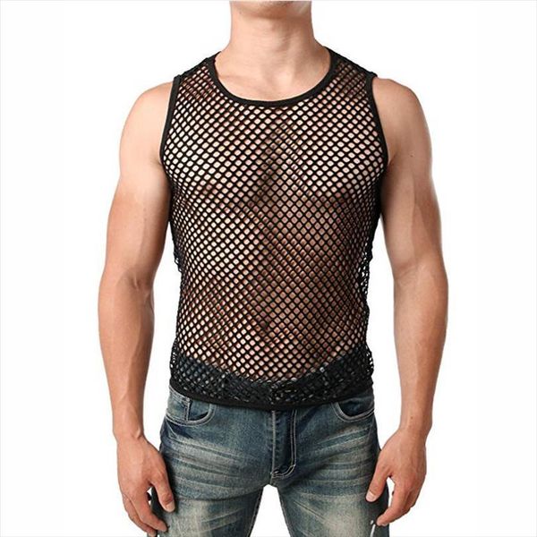 

men sheer mesh fishnet breathable vest gentlemen summer solid gym training sleeveless tank nightwear, White;black