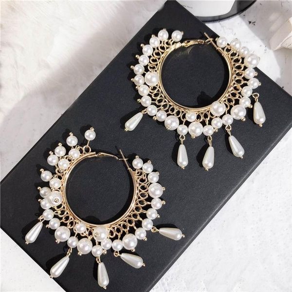 

statement big hoop earrings for women bohemian simulated pearl water drop shaped round fashion jewelry party bijoux charm, Golden