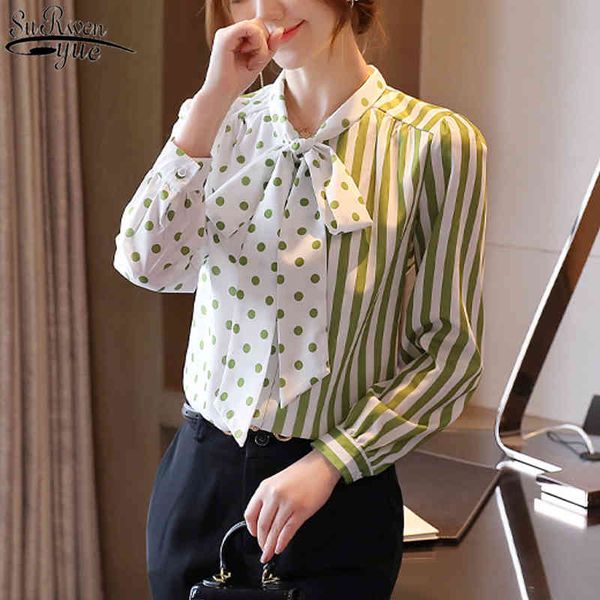 

autumn light green long sleeve women's shirts lace-up chiffon blouse striped bow-collar office lady woman's blouses 10891 210508, White