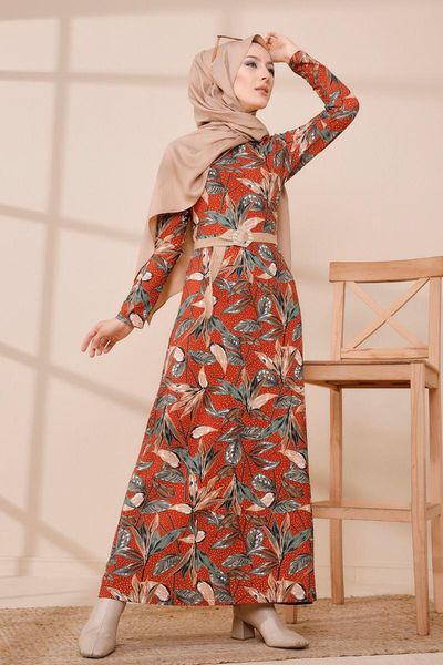 

ethnic clothing tugba muslim dress long sleeve floral print code 2021 turkish gown hijab summer, Red