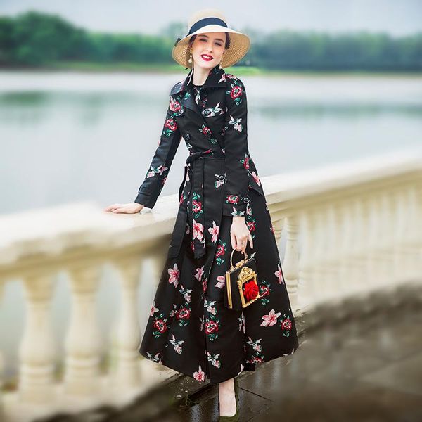 

women's trench coats women coat 2021 lady turn down collar a-line double breasted black floral vintage autumn winter long overcoat - 4, Tan;black