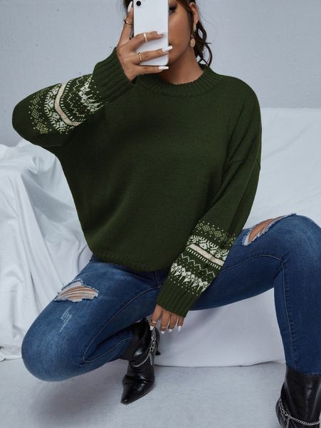 

plus geo pattern drop shoulder sweater o4zc#, Black