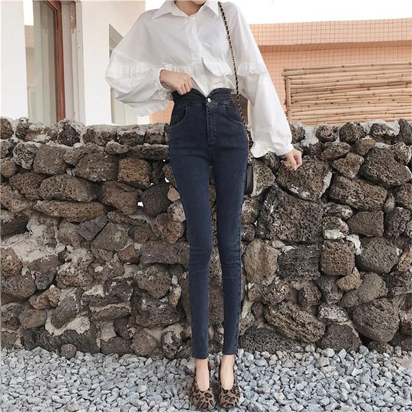 

women's jeans real s 2021 fashion high-waist casual slim was thin and elastic wild small feet pencil pants, Blue