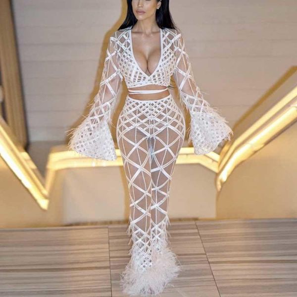 

women's jumpsuits & rompers 2021 winter deep v sequined long sleeve female elegant ovaralls two piece set see through jumpsuit, Black;white