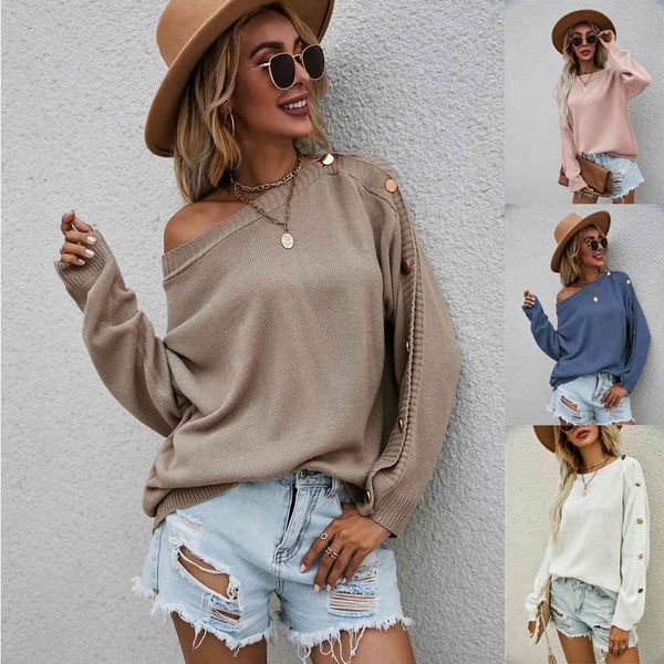 

2021 new wear pullover sweater large loose button sleeve women's sweater, White