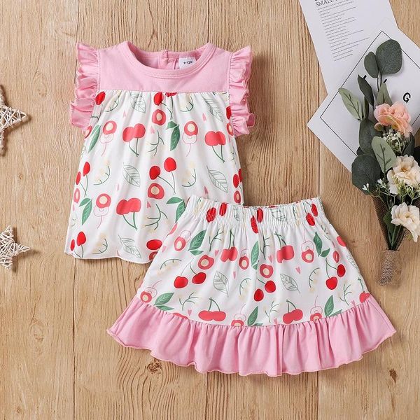 

cute born baby girl cherry print t-shirt a-line skirt 2pcs outfits princess girls holiday clothes set clothing sets, White
