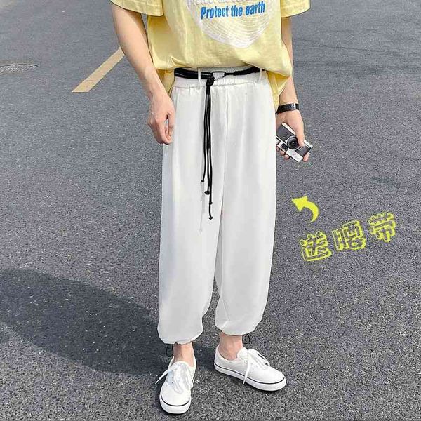 

men's pants summer thin casual fashion solid color belt straight men streetwear loose wide-leg mens ice silk oseg, Black