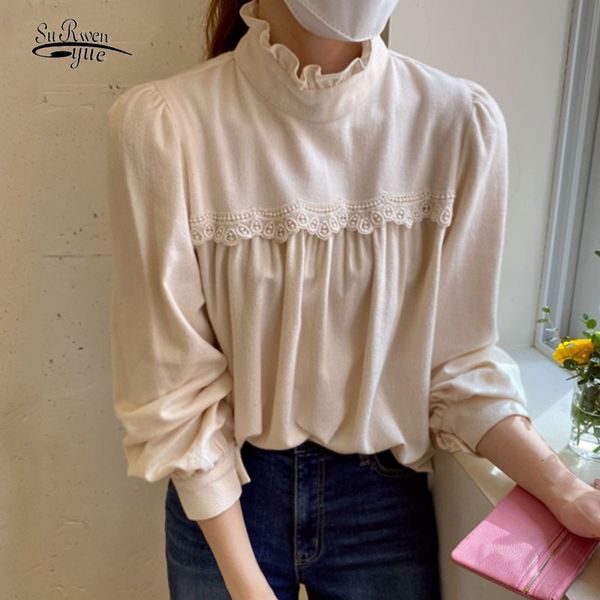 

korean lace chic stitching lantern sleeve pullover ruffle half-turtleneck blouse women pleated slim cotton bottoming shirt 12487 210508, White