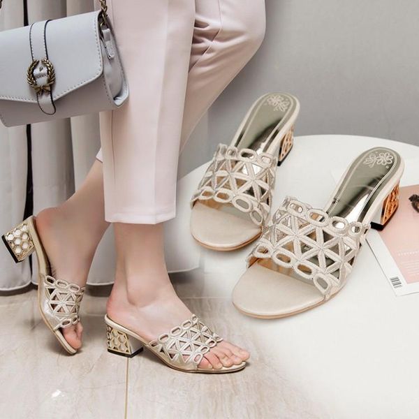 

slippers pxelena chic hollow out women slides med heels open toe korean outdoor party date summer female shoes gold silver 34-45, Black