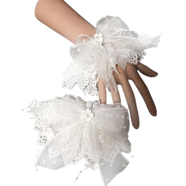 

five fingers gloves lolita embroidery lace wrist cuff ribbon bow flower jewelry bracelet wristband ., Blue;gray