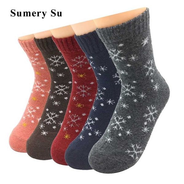 5 Paare/los Wollsocken Frauen Winter Schnee Blumenmuster Kaschmir Warme Socken Damen Mädchen Weihnachtsgeschenk 211204