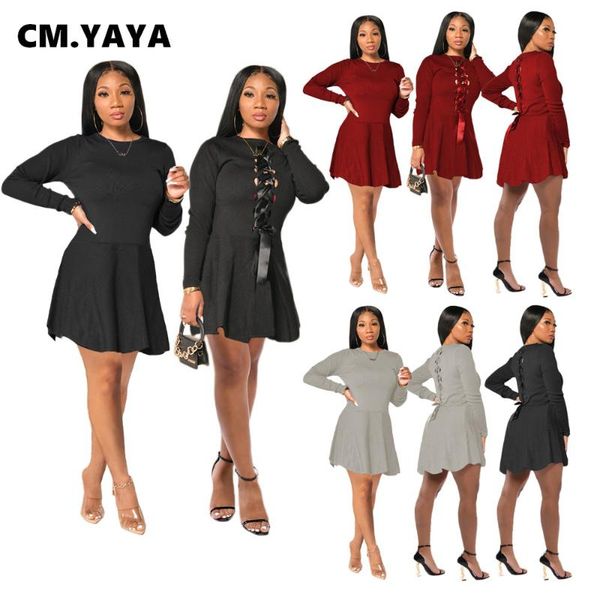 

casual dresses cm.yaya autumn winter lace up double wear women dress long sleeve night club fit & flare mini vestidos, Black;gray