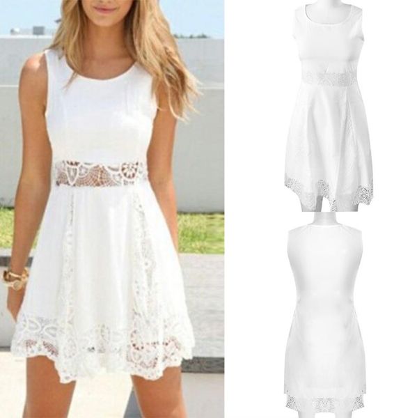 

casual dresses ladies lace stitching sleeveless round neck white dress, Black;gray