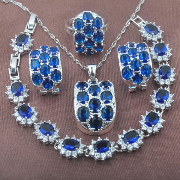 

earrings & necklace unique blue zirconia jewelry set silver color women's bridal sets bracelet pendant ring yz0520