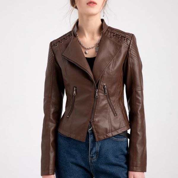 

women's jackets women autumn winter faux leather jacket zipper stand collar motorcycle slim coat womens clothing, Black;brown
