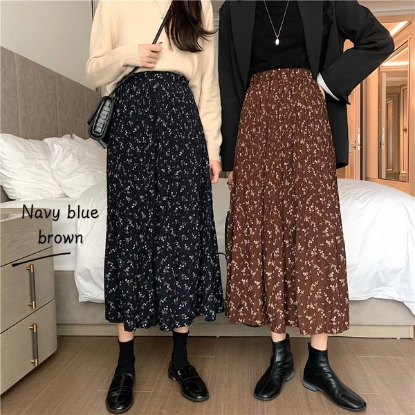 

spring summer women floral print skirt elegant high waist faldas mujer saia female beige/brown/black flower pleated long skirts 210426