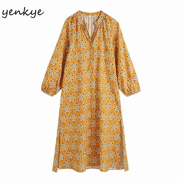 

spring women floral print yellow dress female v neck raglan sleeve casual loose long plus size vestido 210430, Black;gray
