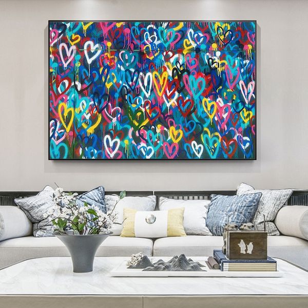 Graffiti moderni Gruppo di cuori colorati Amore Poster e stampe Dipinti su tela Immagini di arte della parete per soggiorno Decorazioni per la casa Cua285m