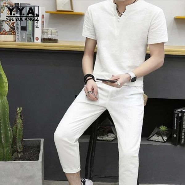 

jogging clothing comfortable summer v neck solid cotton linen retro short sleeve loose fit fashion clothes sets slim trouser for men, Black;red