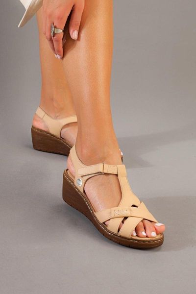 

sandals 1300 beige genuine soft leather wedges female, Black