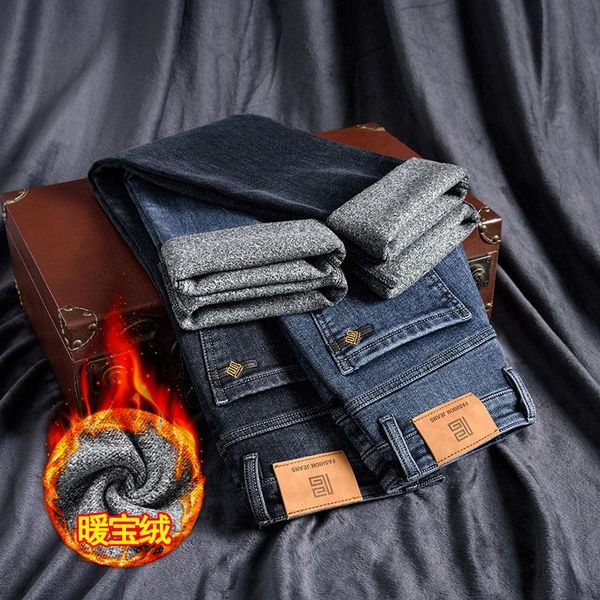 

men's jeans 2021 autumn winter brand high-quality fitted straight classic embroidery fleece thick warm fashion blue gray