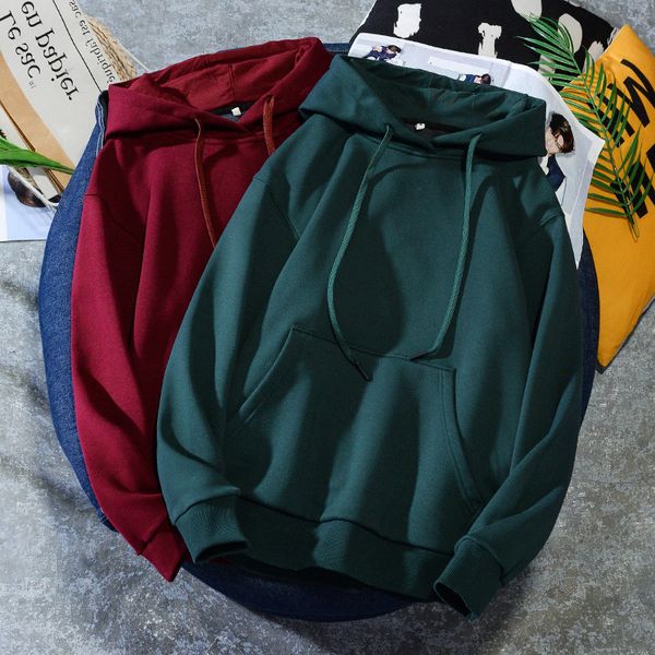 

basic plush solid color men's autumn and winter casual versatile large loose hooded pullover, Black