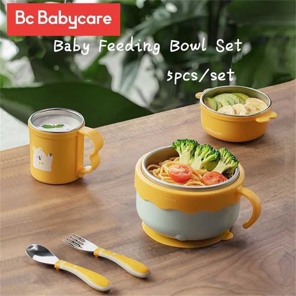 

bc babycare 5pcs baby tableware set keep warm anti-scalding stainless steel feeding bowl+spoon fork+cup sucker dinner dishes 211026