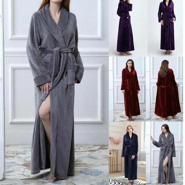 

women's sleepwear winter flannel lace up bath robes mens towel robe couple warm bathrobe thicken lengthen coral fleece kimono nightgown, Black;red