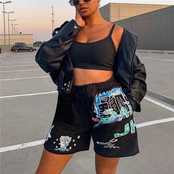 

women's shorts 2021 women summer hip hop punk fork/skull/flame print elastic loose short pants casual for girls streetwear, White;black