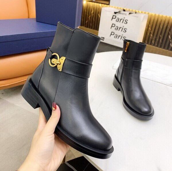 

luxury new designer women ankle boots black genuine leather with metal strap short boot brand ladies winter autumn shoes 35-40