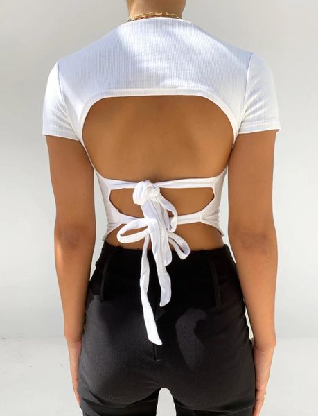 

women's t-shirt open back tie t-shirts round neck short sleeve crop soild color slim fit ladies summer tees streetwear, White