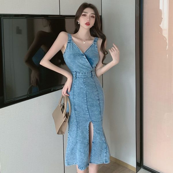 

fashion women summer dresses single-breasted high waist elegant spaghetti strap v neck casual mermaid dress 210514, Black;gray