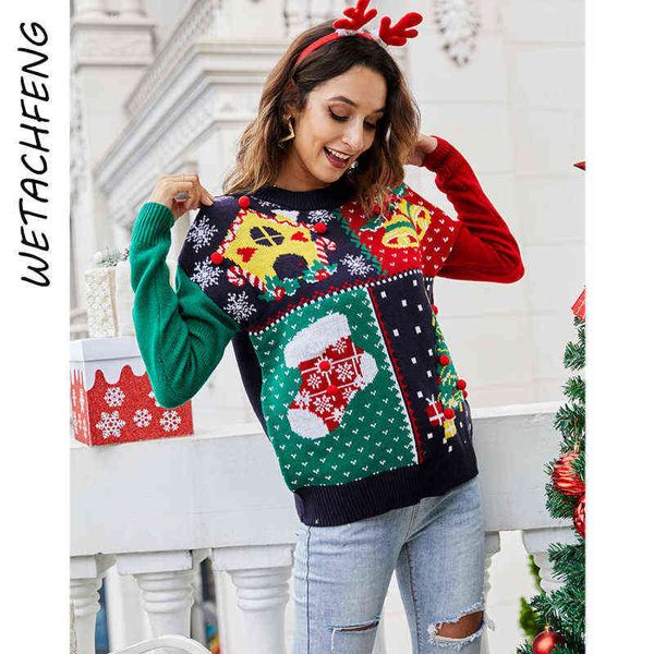 Brutti maglioni di Natale 3D Albero Calzino Fiocco di neve Campane Natale Maglia Maglione Donna Vacanze invernali Festa Pullover Regali di Natale Top Y1118