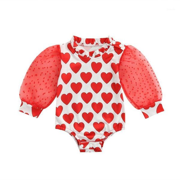 Jumpsuits 0-24m Nascido infantil Bebé Menina Valentine Day Jumpsuit See-throus Bubble Mangas compridas em forma de coração romper