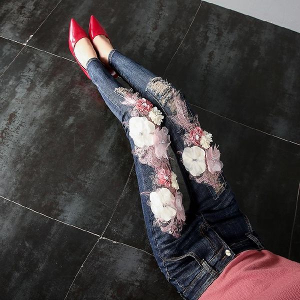 

women's jeans 2021 spring autumn holes womens fashion embrodiery flowers skinny pencil pants ladies students slim denim jean trousers, Blue
