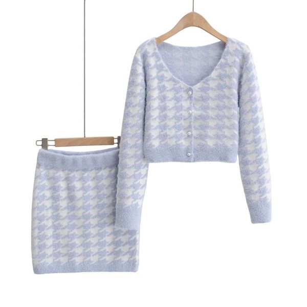 

women's knits & tees houndstooth pattern long sleeve sweater skirts set pearl button sweatshirt women vintage crop tracksuit, White