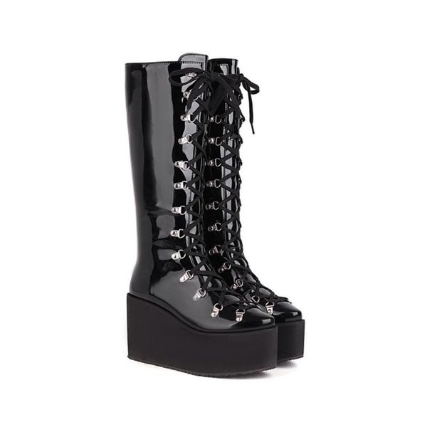 

boots olome womens platform knee thigh wedge high heel lace up shoes warm winter punk motorcycle black riding plus size 46 47 48