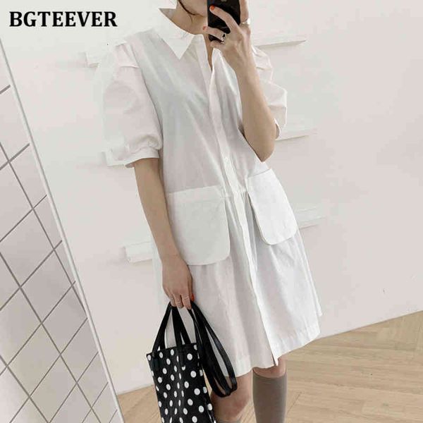 

dresses casual single-breasted puff sleeve women turn-down collar pockets loose female short dress summer vestidos woui, Black;gray