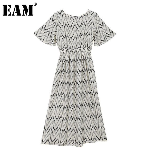 

[eam] women printed elastic waist dress round neck butterfly short sleeve loose fit fashion spring summer 1dd8533 210512, Black;gray