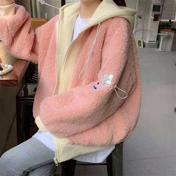 

lucyever pink zipper lamb wool women coat fake two-piece warm plush loose overcoat female winter thicken casual hoodeds 211018, Black