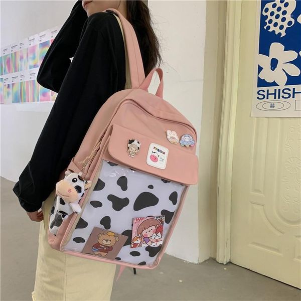

school bags kawaii cow pattern backpack contrast color women's fashion bookpacks nylon waterproof travel backpacks