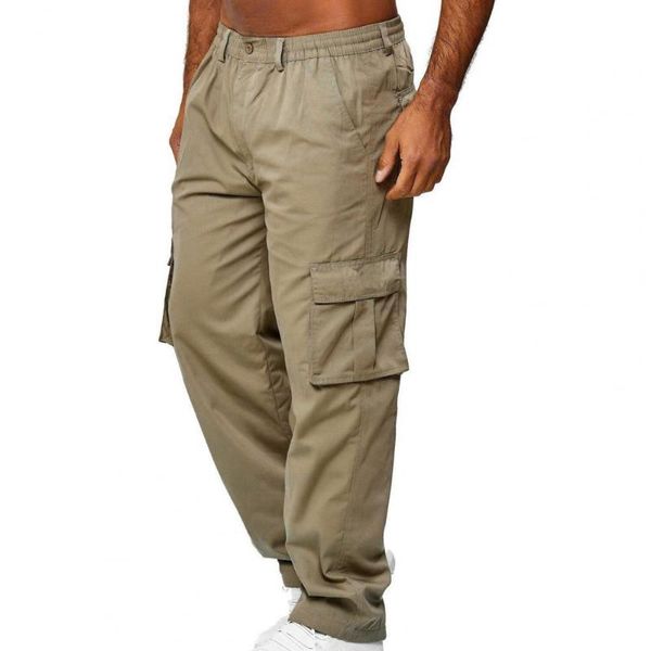 

men's pants men solid color multi pockets straight mid waist cargo for daily wear, Black
