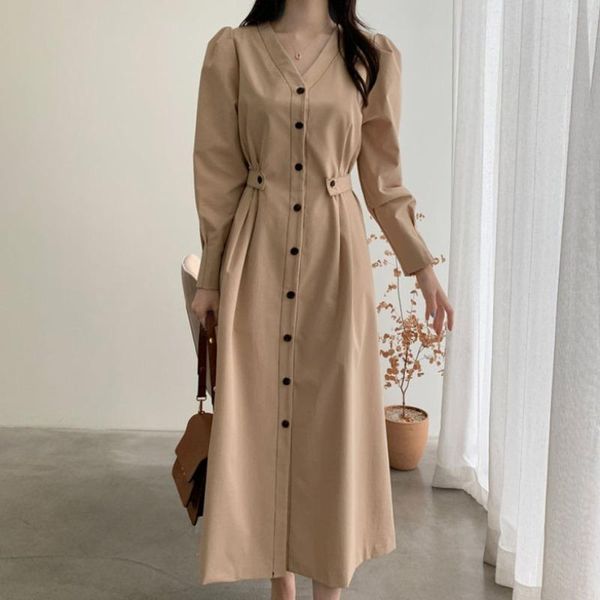 

casual dresses 2021 women spring autumn shirt elegant lady vintage puff sleeve fashionable pleated long u282, Black;gray